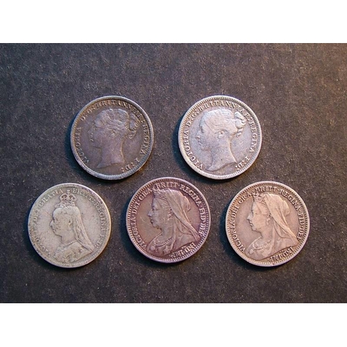 317 - Silver Threepence.  1877, scratches, 1883, 1893 Jubilee head, 1897 & 1899.  VG to VF  (5)