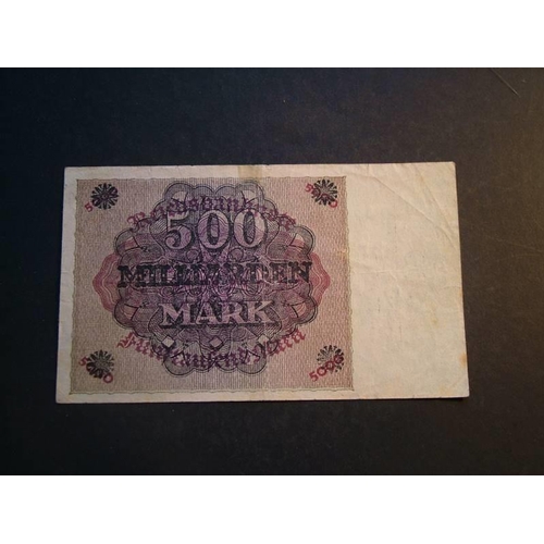 33 - GERMANY.  500 Milliarden Mark, ND(October 1923), P-124a, opt. on 500 Mark, old date 15.3.1923, VG, s... 