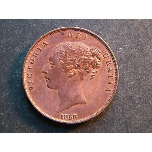 334 - Penny.  1858/7, GVF, tiny ek, once cleaned.