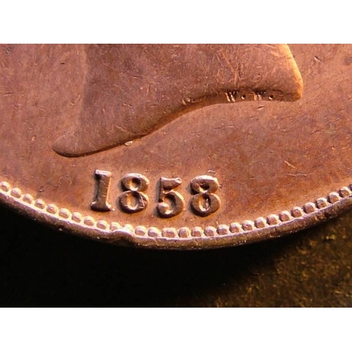 334 - Penny.  1858/7, GVF, tiny ek, once cleaned.