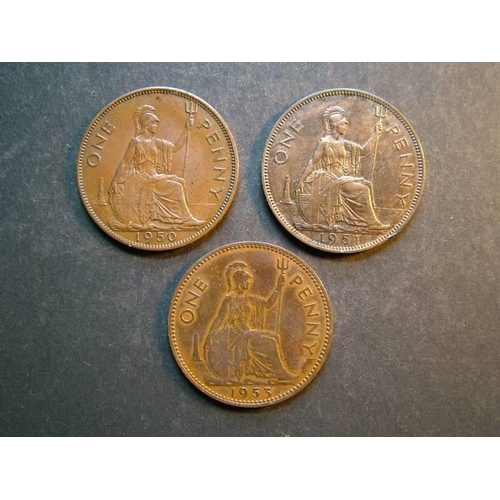 342 - Penny.  1950, VF+, 1951 EF, some original lustre, and 1953, F.  (3)