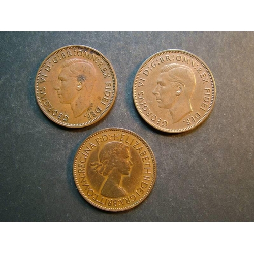 342 - Penny.  1950, VF+, 1951 EF, some original lustre, and 1953, F.  (3)