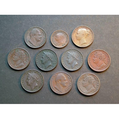 357 - Farthing.  1822, 1825, 1826 first issue, 1828, 1829 x2, 1831, 1836, 1839, and half-farthing, 1842.  ... 