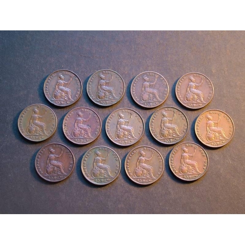 358 - Farthing.  1838 x2, 1839, 1840, 1841, 1843, 1845, 1847, 1848, 1850 (5 over 4), 1853 (w.w. raised), 1... 