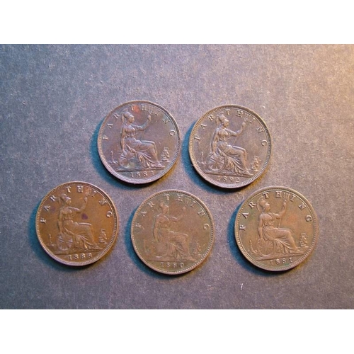 363 - Farthing.  1880, 1881, 1883, 1888 and 1892, F to GVF  (5)