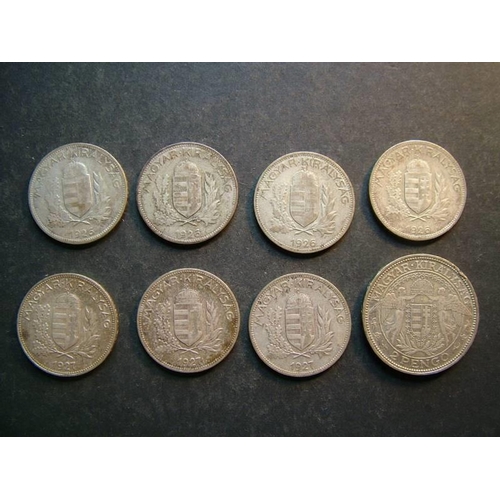 386 - HUNGARY.  1 Pengo, 1926 x4 & 1927 x3, and 2 Pengo, 1929.  VG to NVF  (8)