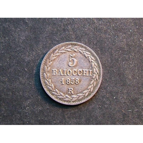 399 - ITALIAN STATES.  Papal States.  Silver 5 Baiocci, 1858R, Year XIII, KM1341b, NEF