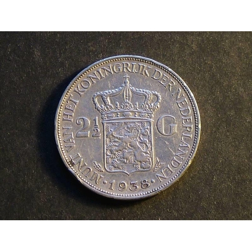 420 - NETHERLANDS.  2½ Gulden, 1938, deep hair lines, KM165, NVF, eks, small digs & scratches.