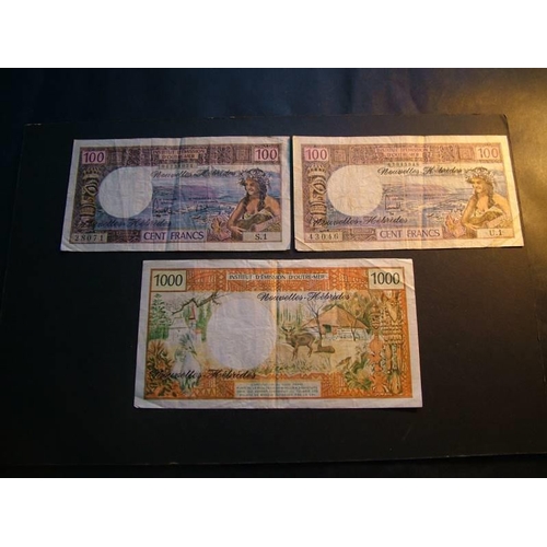 43 - NEW HEBRIDES.  100 Francs, ND(1975), P-18c & ND(1977), P-18d, and 1000Fr, ND(1975), P-20b.  Generall... 