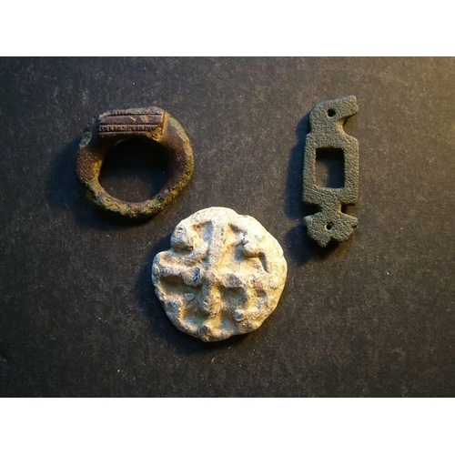 655 - Mediaeval (13th to 15th century).  Cast lead weight, circular, 26.5g, 30mm diameter, flat base, dome... 