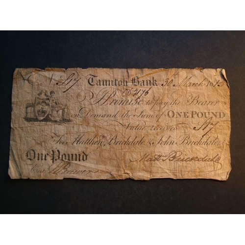 70 - Taunton Bank.  £1, 30.3.1815, Matthew Brickdale & John Brickdale, Outing #2133d, sign. W. Brewer and... 