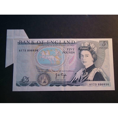 90 - £5, PAGE, Dug.B336 (BE112c), serial no. AY73 896836.  ERROR (E5ai*); fold with extra paper to upper ... 