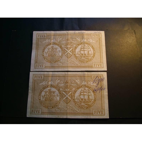 96 - Bank of Scotland.  £5, D120-2 (SC117b, P-101b), 1.10.1959, pref. 19/AA, and 4.10.1959, pref. 14/DA. ... 