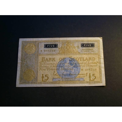 102 - Bank of Scotland.  £5, 7.3.1966, D124-3 (SC119b, P-106b), F, creases.