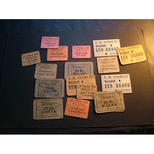 105 - Belgium.  Ghent, WWII period ration vouchers x17 for bread and coal, VG & slightly better, all cance... 