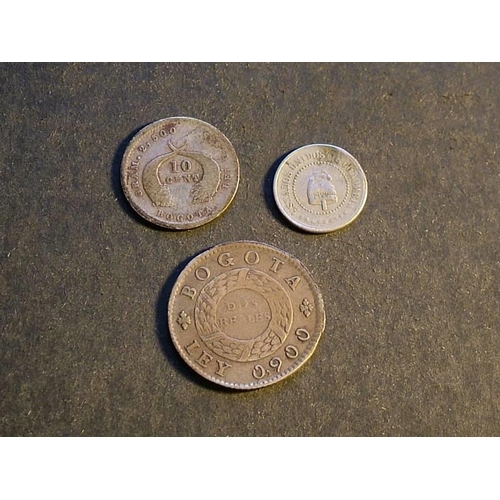 169 - COLOMBIA.  2½ Centavos, 1881, attempted piercing.  10c, 1874.  Nueva Granada, 2 Reales, 1848, KM105.... 