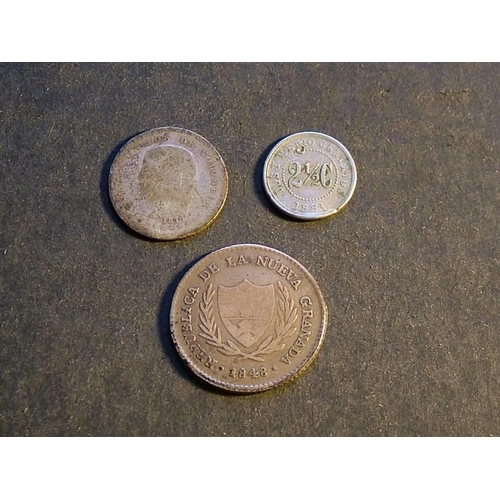 169 - COLOMBIA.  2½ Centavos, 1881, attempted piercing.  10c, 1874.  Nueva Granada, 2 Reales, 1848, KM105.... 