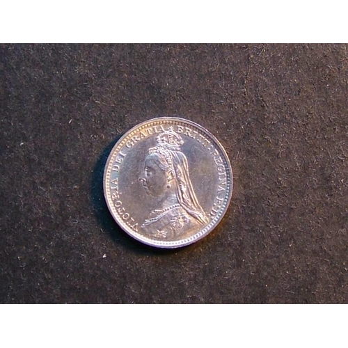 246 - Silver Threepence.  1887, Jubilee head, AUNC