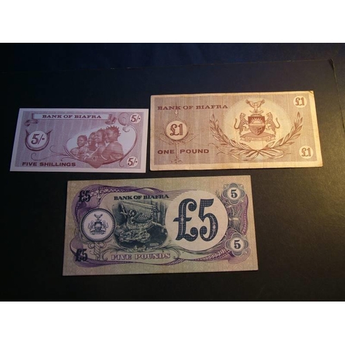 26 - BIAFRA.  5/-, ND(1967), P-1, UNC.  £1, ND(1967), P-2, F & £5, ND(1968-69), P-6a, VF+  (3)