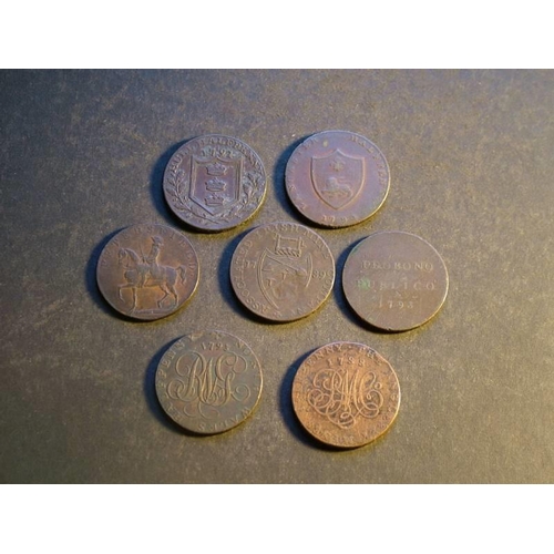 382 - Tradesmen’s Tokens – 18th Century.  ½d x7, including Anglesey 1788.  North Wales, 1793, Druid’s head... 