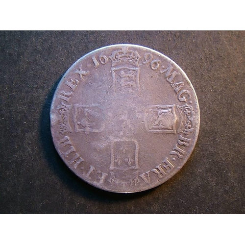 407 - Countermarked & Engraved.  GB Crown, 1696, c/m, M and small symbol on obverse, VG