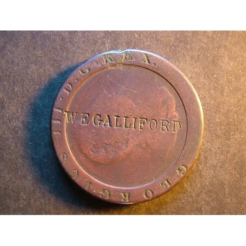 408 - Countermarked & Engraved.  GB, 2d, 1797 “Cartwheel”, c/s W E GALLIFORD both sides.  VG