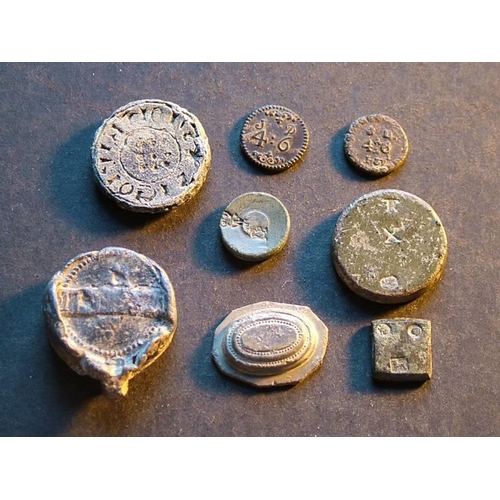 412 - Weights.  Small group of post-mediaeval coin weights, including; 23mm, 14.4g, stamped TR monogram [=... 