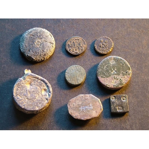 412 - Weights.  Small group of post-mediaeval coin weights, including; 23mm, 14.4g, stamped TR monogram [=... 