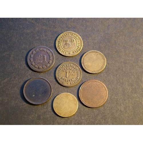 417 - Various.  Small lot of Co-op tokens, including Bury 1/-, Felling Shore £1, Hartlepools ½ Pt, Leeds I... 