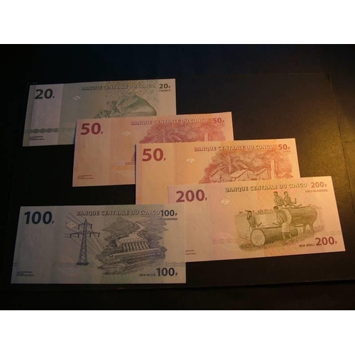 42 - CONGO DEMOCRATIC REPUBLIC.  20, 50, 50, 100 & 200 Francs, 2003 to 2013, UNC  (5)