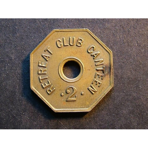 443 - India.  SILCHAR ASSAM / RETREAT CLUB CANTEEN, value 2, 26mm, x 26mm, octagonal brass, central hole, ... 