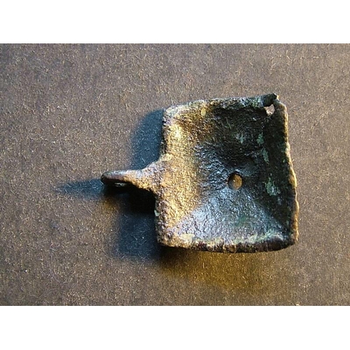 489 - Romano-British.  Small cast bronze pendant, approximately 8.5mm x 25mm, in the form of a square-base... 