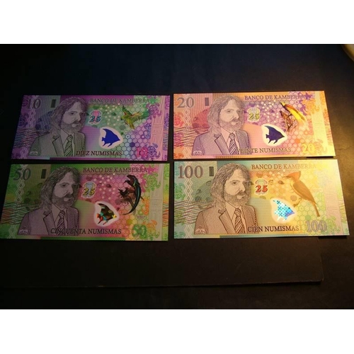 67 - KAMBERRA.  10, 20, 50 & 100 Numismas, 2013, Fantasy banknotes for the virtual island Kingdom of Kamb... 