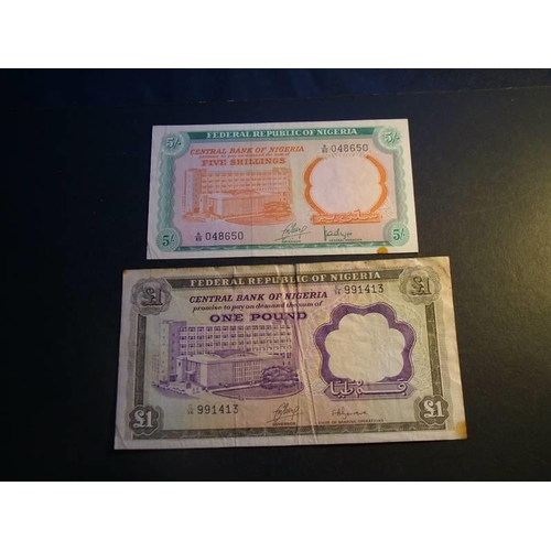 73 - NIGERIA.  5/-, ND(1968), P-10a, VF, spot & £1, ND(1968), P-12b, F+, light soiling.  (2)