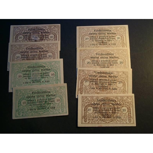 75 - SLOVENIA.  Maribor, “Notgeld” issues, 6.10.1919, 10 vinarjev x2 and 20v x6, F+ to NEF  (8)