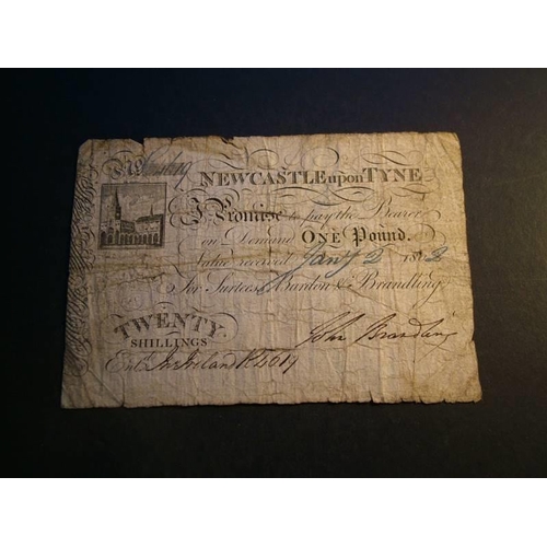 87 - Newcastle Exchange Bank.  £1, 2.1.1802, for Surtees, Burdon & brandling, Outing -1502, Good, tears, ... 