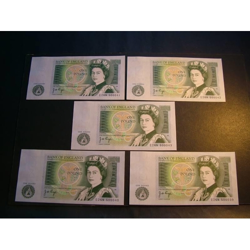 95 - £1, PAGE, Dug.B340 (BE86d), last series, consecutive run of 5 notes, E26N 500039 to E26N 500043, AUN... 