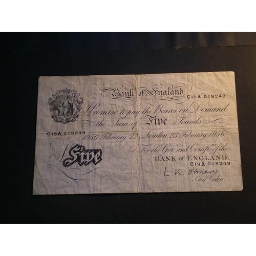 97 - £5, O’BRIEN, 23.2.1956, serial number C19A 018249, Dug.B276 (BE96b), VG, single back stamp.