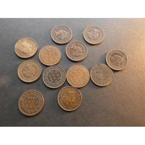 193 - CANADA.  1 Cent; 1859 (narrow 9) x2, 1876H, 1881H, 1882H x2, 1888 x4, 1908 & 1909, VG to NEF  (12)
