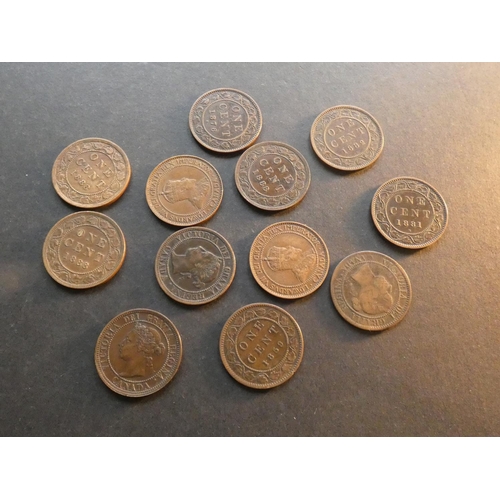 193 - CANADA.  1 Cent; 1859 (narrow 9) x2, 1876H, 1881H, 1882H x2, 1888 x4, 1908 & 1909, VG to NEF  (12)