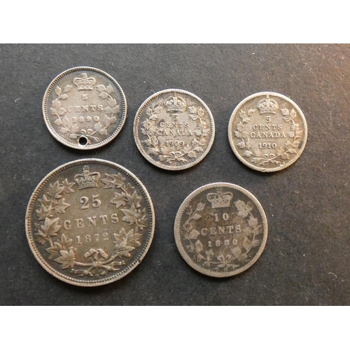 194 - CANADA.  5 Cents (1890 holed, 1909 pointed leaves, 1910 pointed leaves), 10c, (1880H and 25c, 1872H.... 