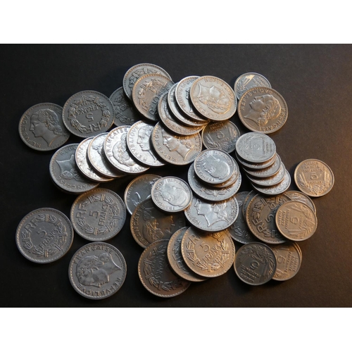 213 - FRANCE.  5 Francs; 1933 KM887 x16, 1933 KM888 x10, 1935 x13, 1945B x2, 1948, 1960, 1961, 1962, 1963 ... 