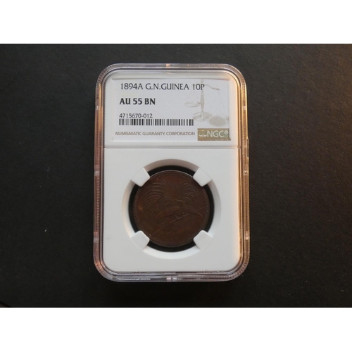 217 - GERMAN NEW GUINEA.  10 Pfennig, 1894, KM3, slabbed and graded “AU-55” by NGC.