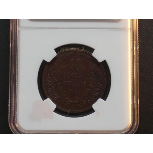 217 - GERMAN NEW GUINEA.  10 Pfennig, 1894, KM3, slabbed and graded “AU-55” by NGC.