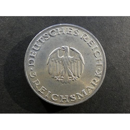 228 - GERMANY.  Weimar Republic (1919-1933).  3 Reichsmark, 1929A, Berlin mint, Bicentennial of birth of G... 