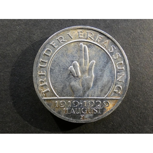 230 - GERMANY.  Weimar Republic (1919-1933).  3 Reichsmark, 1929F, Stuttgart mint, 10th anniversary of Wei... 