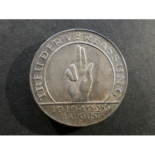 231 - GERMANY.  Weimar Republic (1919-1933).  3 Reichsmark, 1929J, Hamburg mint, 10th anniversary of Weima... 