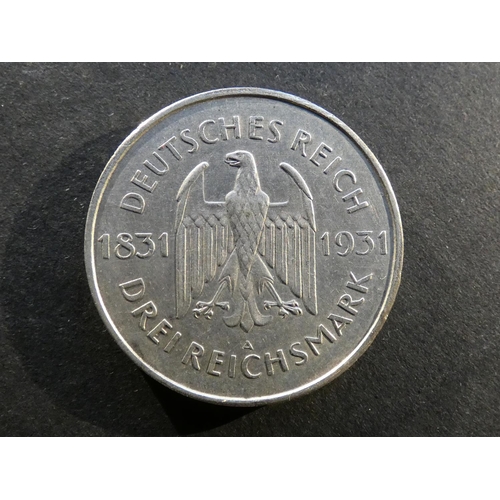 233 - GERMANY.  Weimar Republic (1919-1933).  3 Reichsmark, 1931A, Berlin mint, Centenary of death of Hein... 
