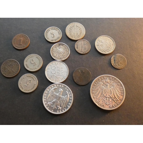 239 - GERMANY.  1 Pfennig (1874G), 5pf (1874B, 1876D, 1906F), 10pf (1875C, 1911J), ½ Mark (1906F), 3Mk (19... 