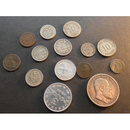 239 - GERMANY.  1 Pfennig (1874G), 5pf (1874B, 1876D, 1906F), 10pf (1875C, 1911J), ½ Mark (1906F), 3Mk (19... 